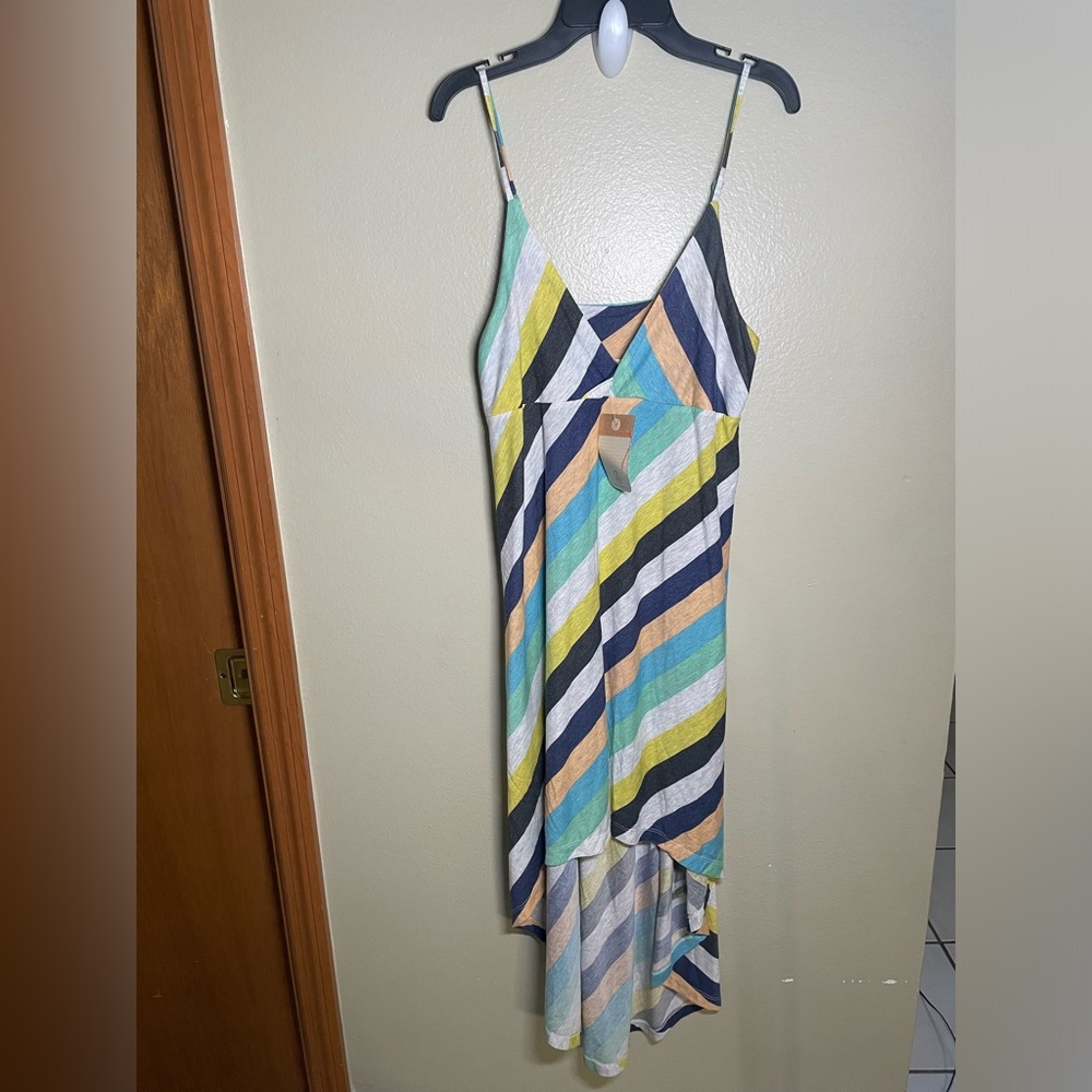 Alternative sz L Cross Front Faux Wrap Sleeveless Jersey Dress Colorful Striped